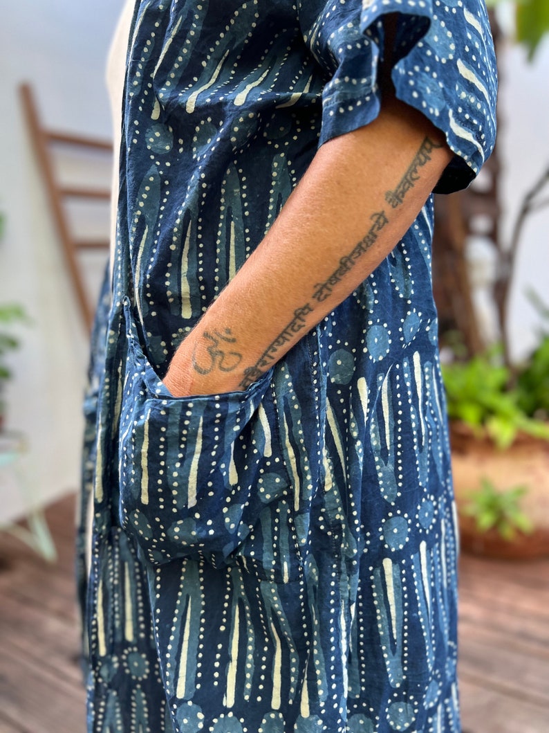 Handmade Block Print Kimono Robe in Indigo, Lounge Wear, Fun Resort Robe image 5