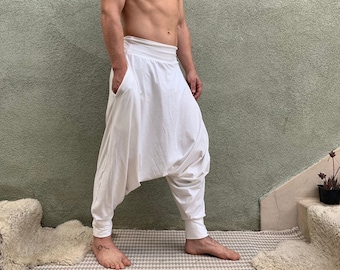 White Mens Yoga Pants, Kundalini Clothing, Kundalini Yoga, Cotton Harem Pants, Sarouel Homme, Samurai Pants