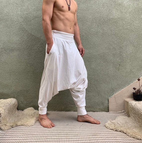 Pantalones de yoga para hombres blancos, ropa kundalini, yoga kundalini,  pantalones harén de algodón, Sarouel Homme, pantalones Samurai -  España