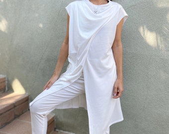 Long Length Asymmetric White Top in Cotton Jersey Material