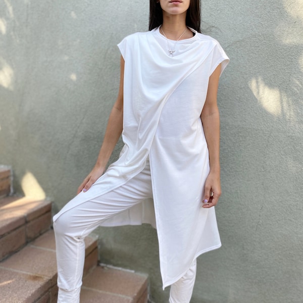 Long Length Asymmetric White Top in Cotton Jersey Material