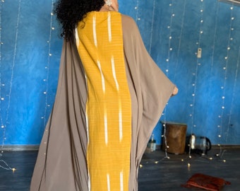 Handmade Extra Long Kimono Shawl with African Textile Trim in Beautiful Yellow