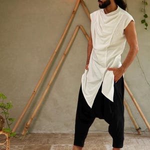 Asymmetric White Cotton Jersey Mens Top: Jedi-Inspired Festival Shirt