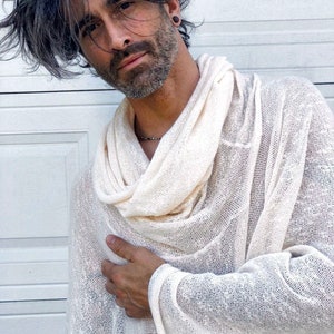 White Knit Poncho, Mens Cape, Kundalini Clothing, Jedi Cape, Festival Outfit, Mens Festival Jacket, White Ceremonial Clothing