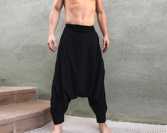 Men's Black Cotton Harem Pants: Low Waist Samurai Sarouel