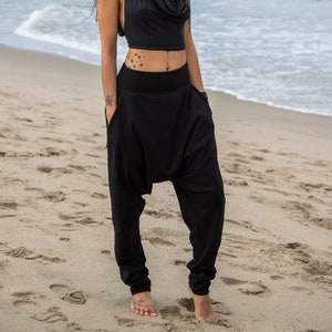 Black Cotton Jersey Loose Fit Harem Pants Women's Streetwear