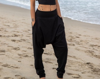 Black Cotton Jersey Loose Fit Harem Pants Women's Streetwear