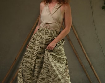 Hand Block Print Cotton Boho Maxi Skirt in Moss Green Color