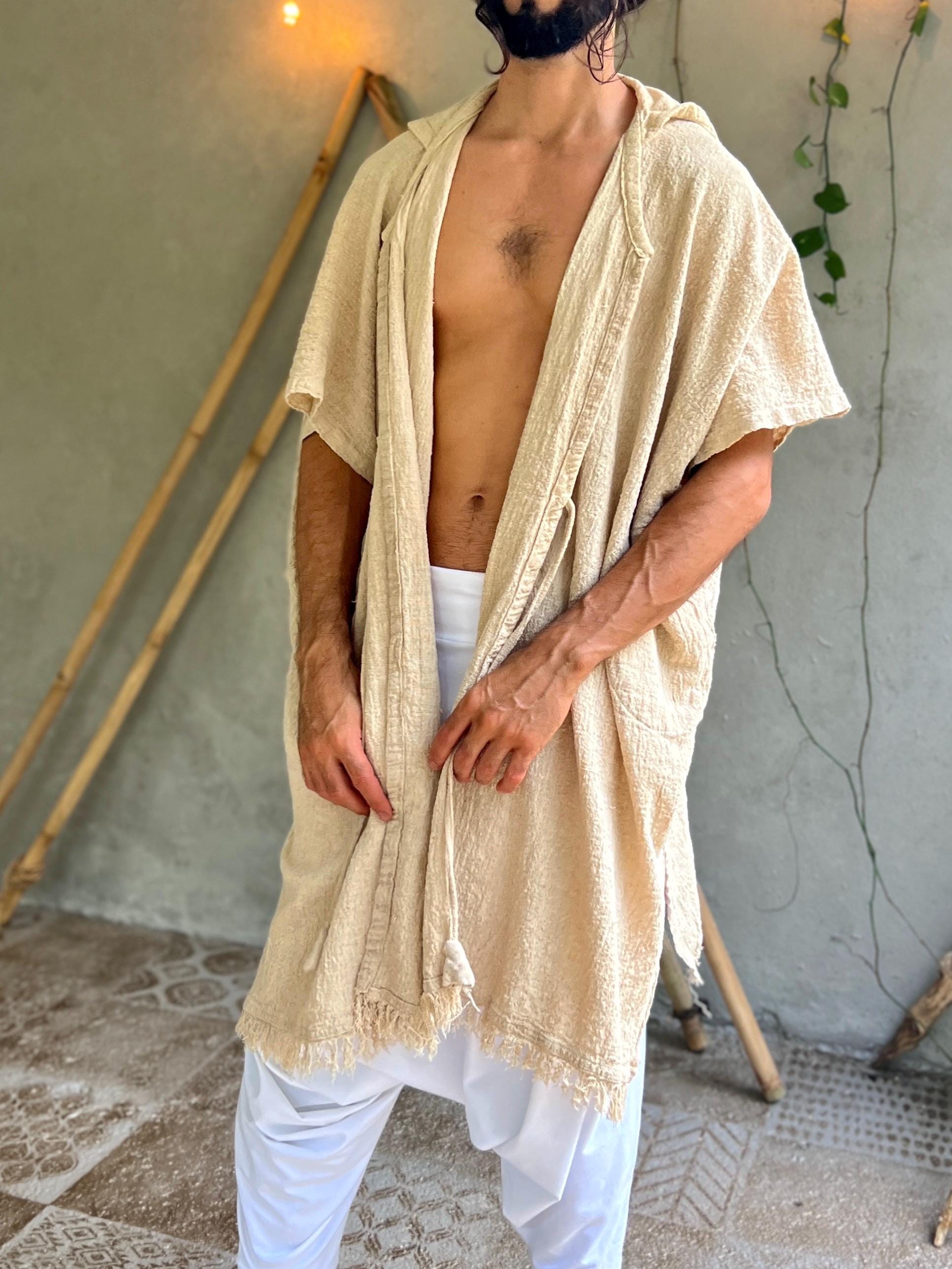 Mens Hooded Cape from Hemp, Handmade Kimono Robe With Hood - Eco-Friendly Long Robe in Beige, Sustainable Hemp Robe for Men, Natural Fiber