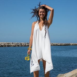 White Summer Boho Dress for Women, Flowing Bohemian Dress, Halter Top Slip On White Dress, Kundalini Clothing image 1