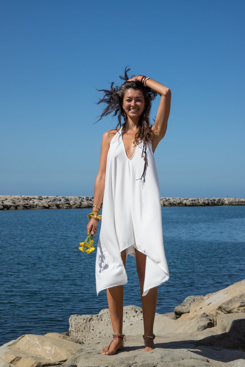 White Summer Boho Dress for Women, Flowing Bohemian Dress, Halter Top Slip On White Dress, Kundalini Clothing image 1