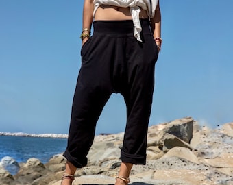 Boho Cotton Capri Harem Pants Black Unisex Drop Crotch Trousers