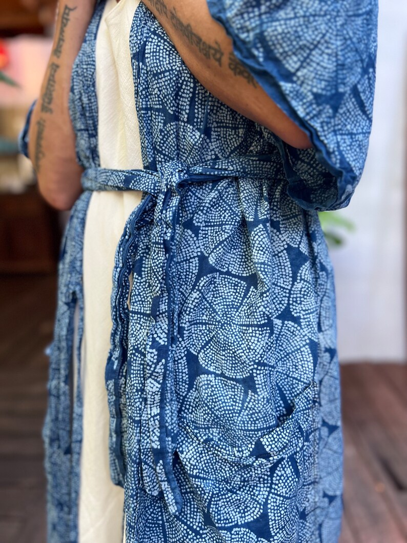 Handmade Block Print Kimono Robe in Indigo, Lounge Wear, Fun Resort Robe image 3