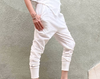 White Cotton Jogger Pants, Joggers, Harem Pants, Kundalini Yoga White Pants, Samurai Pants