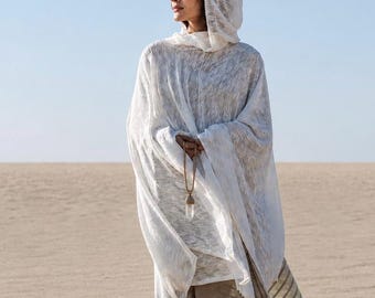 White Hooded Cape: Knit Cotton Ceremonial Cover-Up