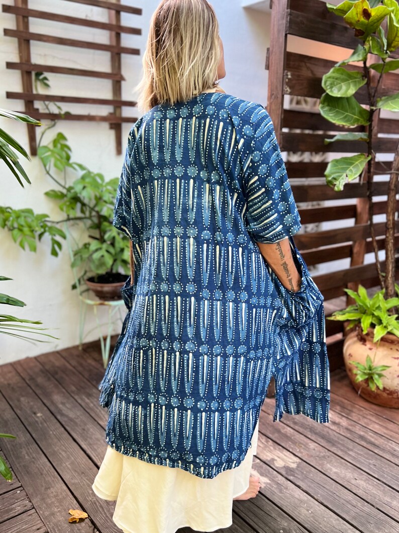 Handmade Block Print Kimono Robe in Indigo, Lounge Wear, Fun Resort Robe image 4