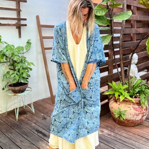 Handmade Block Print Kimono Robe in Indigo, Lounge Wear, Fun Resort Robe image 2