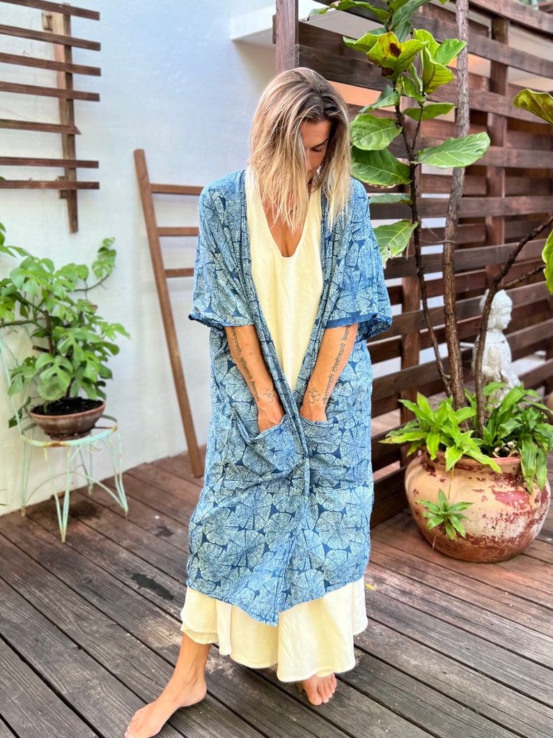 Handmade Block Print Kimono Robe in Indigo, Lounge Wear, Fun Resort Robe image 2