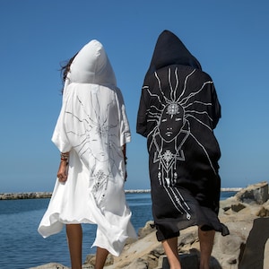 Black Mens Hooded Kimono Wearable Art, Spiritual Design Cape