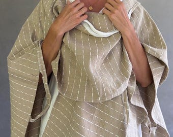 Handwoven Cotton Hooded Poncho: Beige Oaxaca Cape, Ethical Wear
