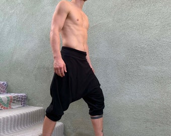 Black Cotton Harem Pants Men: Samurai Yoga Sarouel