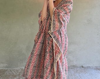 Hand-Block Printed 100% Cotton Caftan Dress in Red and Black Tribal Print