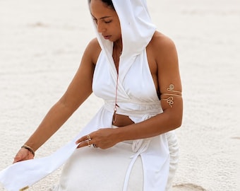 100% Organic Cotton Hooded Long Length Asymmetric White Top