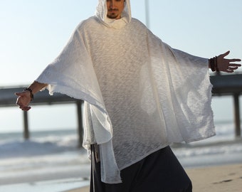 White Hoodie, Hooded Poncho, Meditation Shirt, Knitted Poncho, White Poncho, Handmade Poncho