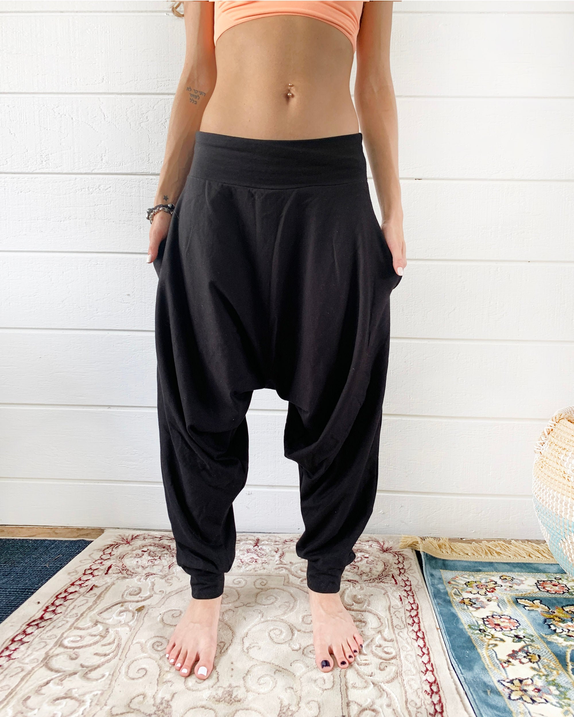 Black Cotton Jersey Loose Fit Harem Pants Women's Streetwear