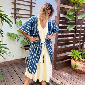 Handmade Block Print Kimono Robe in Indigo, Lounge Wear, Fun Resort Robe image 6