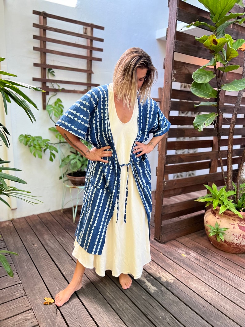 Handmade Block Print Kimono Robe in Indigo, Lounge Wear, Fun Resort Robe image 6