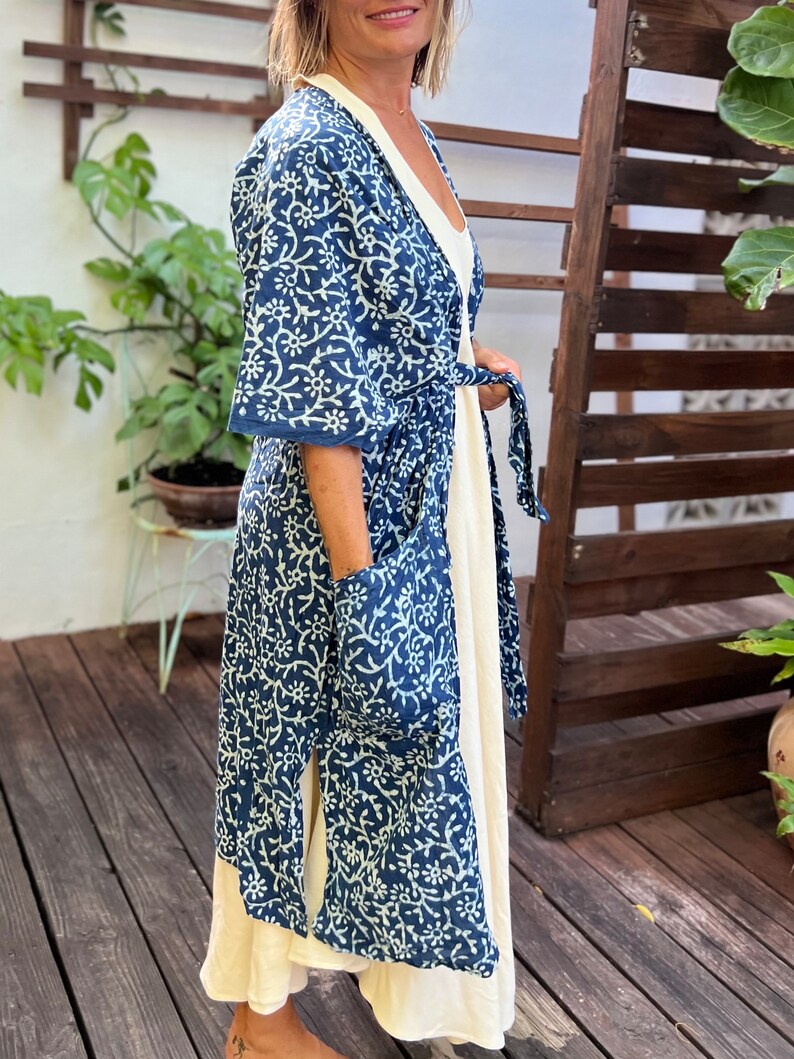 Handmade Block Print Kimono Robe in Indigo, Lounge Wear, Fun Resort Robe image 8