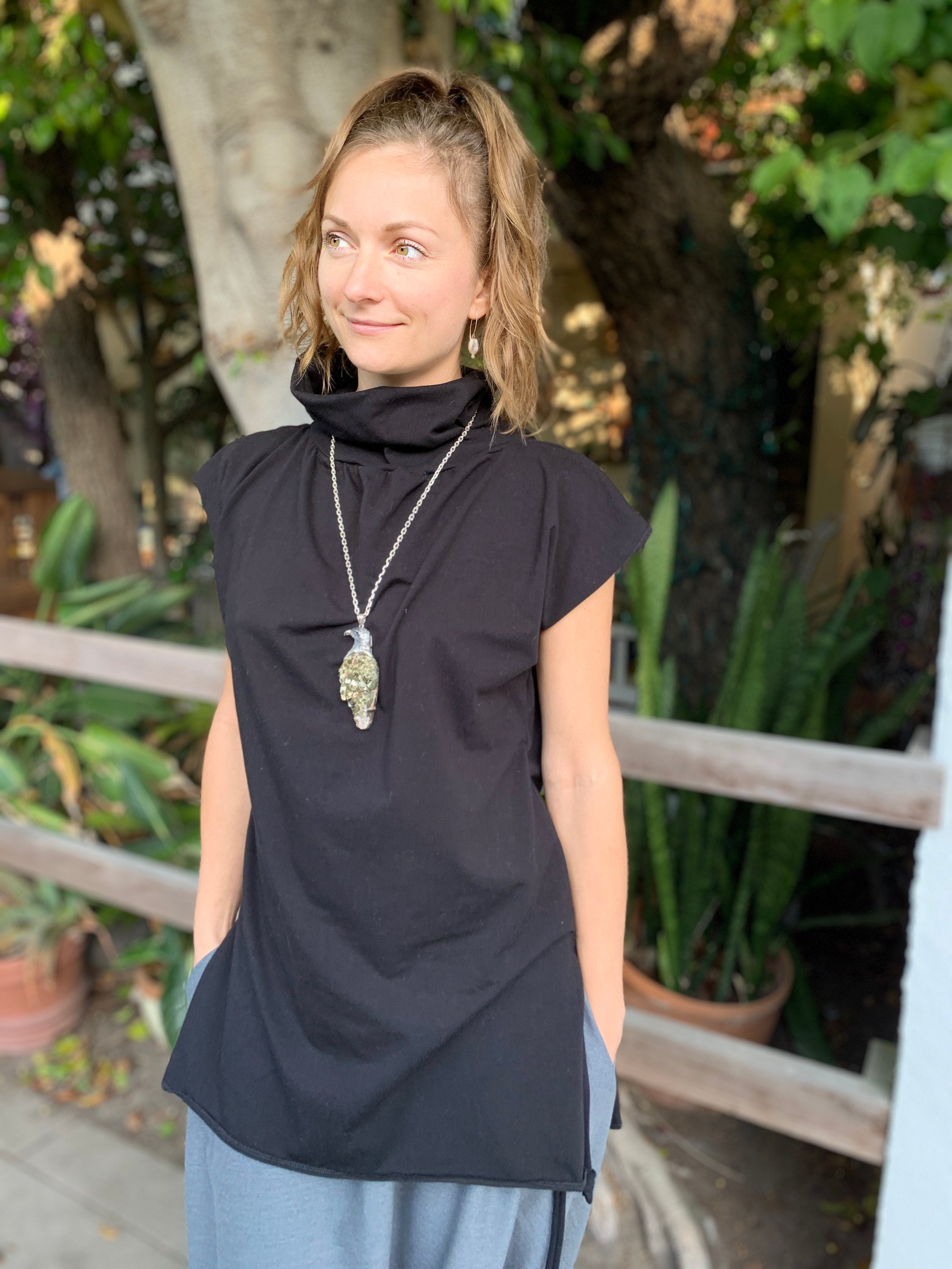 High-neck Black Top, Large Collar Black Top, Minimalist