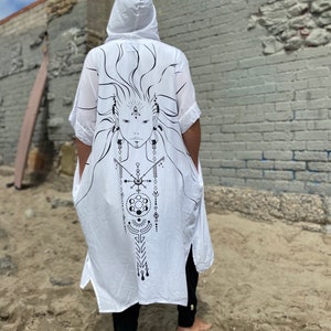 Men's Hooded Kimono Cape with Spiritual Design Wearable Art White