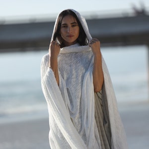 White Hooded Cape, Festival Ceremonial Knit Cotton Cover Up, White Ceremonial Clothing