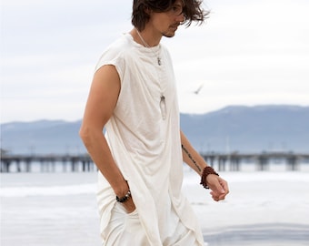 Asymmetrical Mens Nomadic White Cotton Top Festival Wear