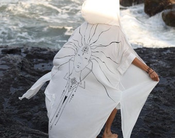 Women&#39;s Hooded Ritual Robe in White, Spiritual Wearable Art