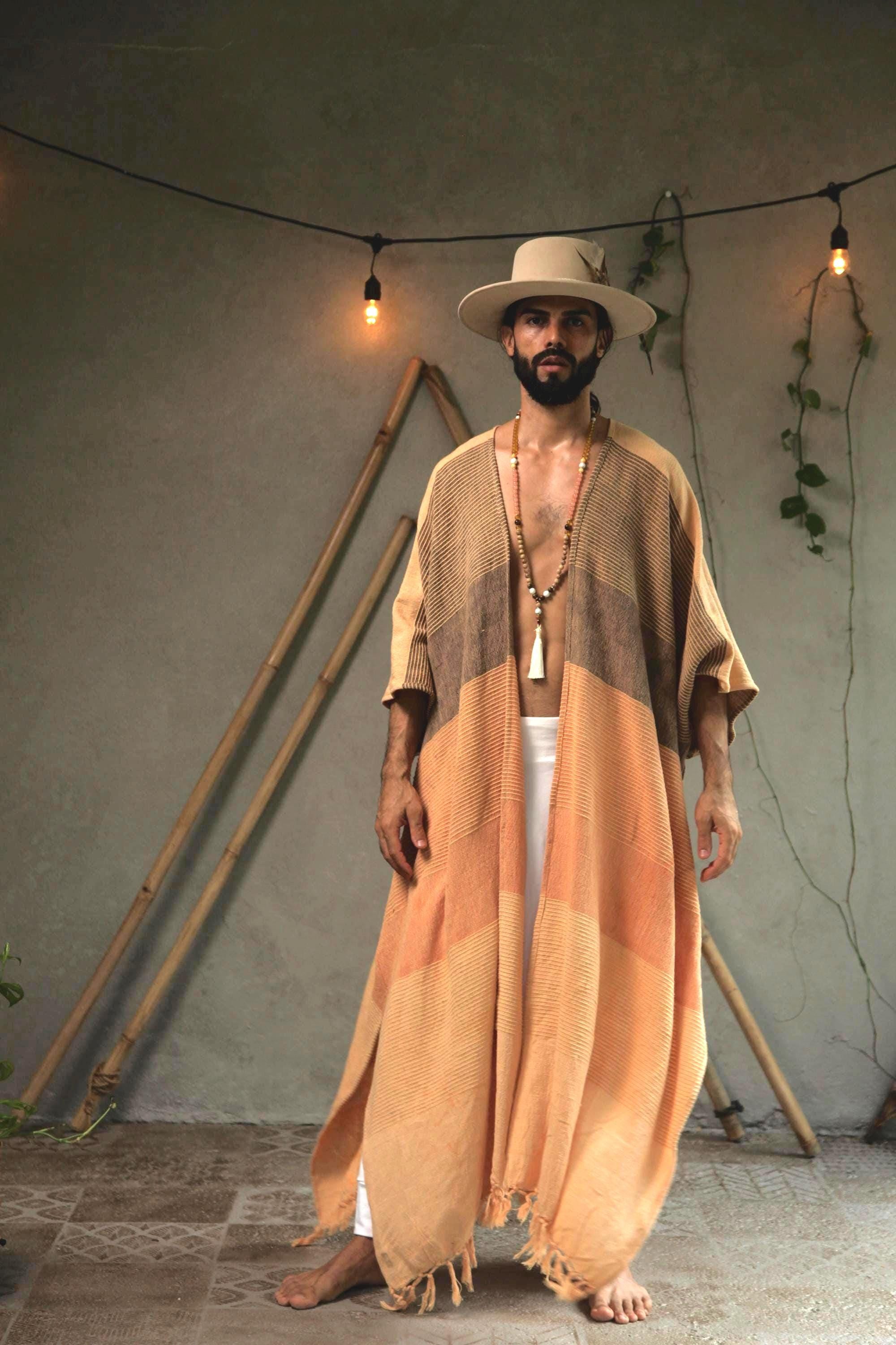 Beige Handwoven Cotton Long Robe for Men,  Bohemian Poncho, Jedi Cape, Festival Outfit, Mens Ritual Robe, Shaman Robe