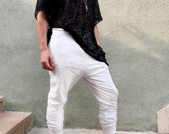 White Cotton Jogger Mens Harem Pants for Kundalini Yoga or Festival Oufit