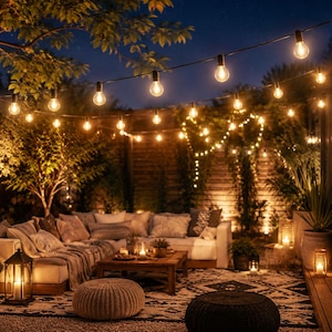 May include: A string of outdoor globe lights with warm glowing bulbs suspended above a patio area featuring a sectional sofa, a wooden coffee table, two round woven ottomans, and two metal lanterns with lit candles on a patterned rug.