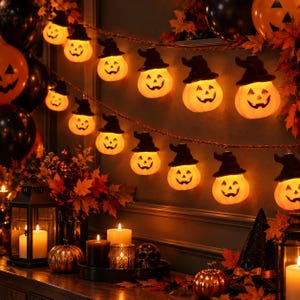 May include: A string of orange pumpkin-shaped LED lights, each wearing a black witch hat. The pumpkins feature carved jack-o'-lantern faces with glowing eyes and mouths. The lights are arranged in a decorative garland against a dark wall.