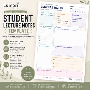 ADHD学生向け講義ノートテンプレート、印刷可能なPDF、集中力維持プランナー（デジタルダウンロード）