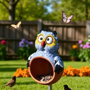 May include: A decorative owl-shaped bird feeder in blue, yellow, and red. The feeder has a large opening for birds to access seeds. Butterflies and birds are in the background, creating a lively garden scene.