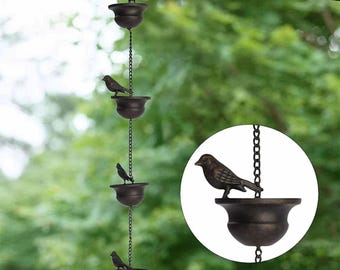 Bronze Bird Rain Chain with 8 Metal Cups – Decorative Downspout Alternative and Rainwater Collector