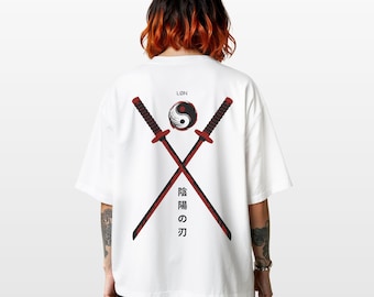 Katana Yin Yang Oversized Retro Japanese Unisex T-Shirt Japanese Clothing Vintage Bold Anime Streetwear Japanese aesthetic graphic tshirt