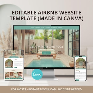 Op de afbeelding: Een Airbnb-website template wordt getoond op een computerscherm, tablet en smartphone. De website toont een villa met een privézwembad. De tekst op het scherm luidt "VILLA WITH PRIVATE POOL" en "BOOK NOW". Het Canva-logo is zichtbaar.