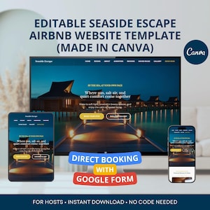 Puede incluir: Una plantilla de sitio web de Airbnb con temática costera, mostrada en un monitor de computadora y dos teléfonos inteligentes. El diseño presenta una escena frente al mar con el texto "Where sun, salt air, and quiet comfort come together." Editable en Canva.