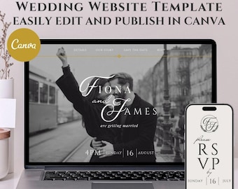 May include: A laptop and smartphone showing a wedding website template. The laptop screen displays a black and white photo of a couple with the names "Fiona and James" and the date "16 August". The smartphone displays an RSVP form.