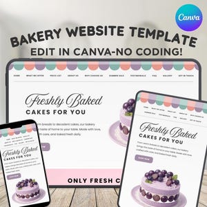 Peut inclure: Maquette numérique d'un modèle de site web de boulangerie, affichée sur une tablette et un smartphone. La conception du site web présente une palette de couleurs pastel avec le texte "Freshly Baked Cakes For You". Le modèle est modifiable dans Canva.