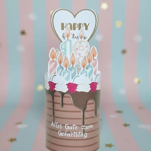 Könnte beinhalten: Ein dekorativer Geburtstagskuchen mit einem herzförmigen Aufsatz mit der Aufschrift "Happy Birthday". Der Kuchen hat Kerzen, Zuckerguss und die Zahl "19". Auf der Basis des Kuchens steht der Text "Alles Gute zum Geburtstag."